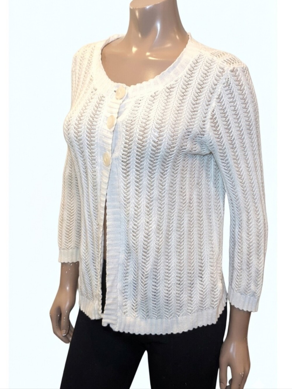 Jones New York Open Knit Cardigan Sweater Long Sleeve White Buttoned Size Medium